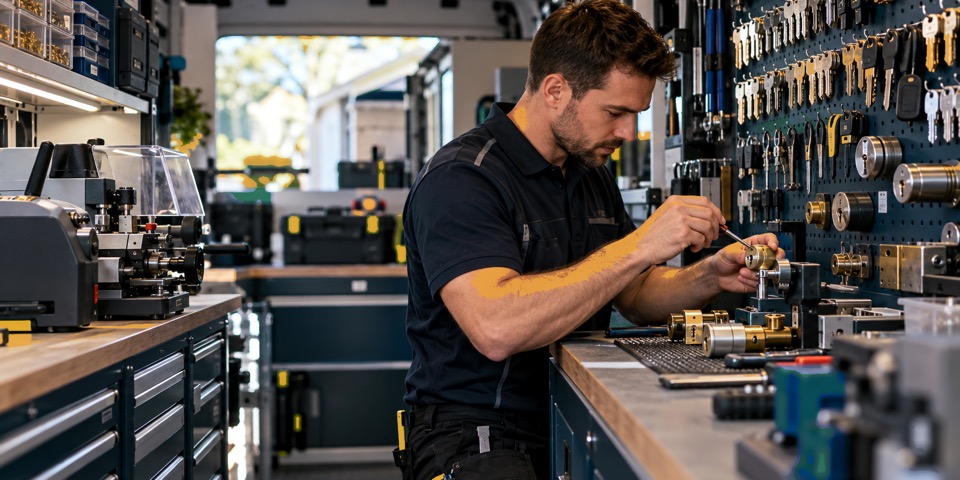 Inside a fitted-out locksmith van, a locksmith working at a bench of key and lock tools